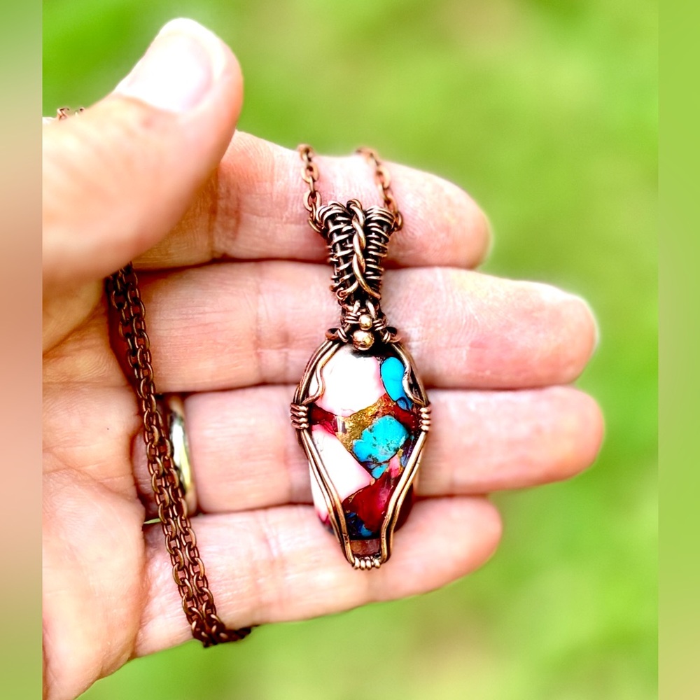 HAND CRAFTED Cranberry Blue Composite Stone Wire Wrapped Copper Pendant Necklace